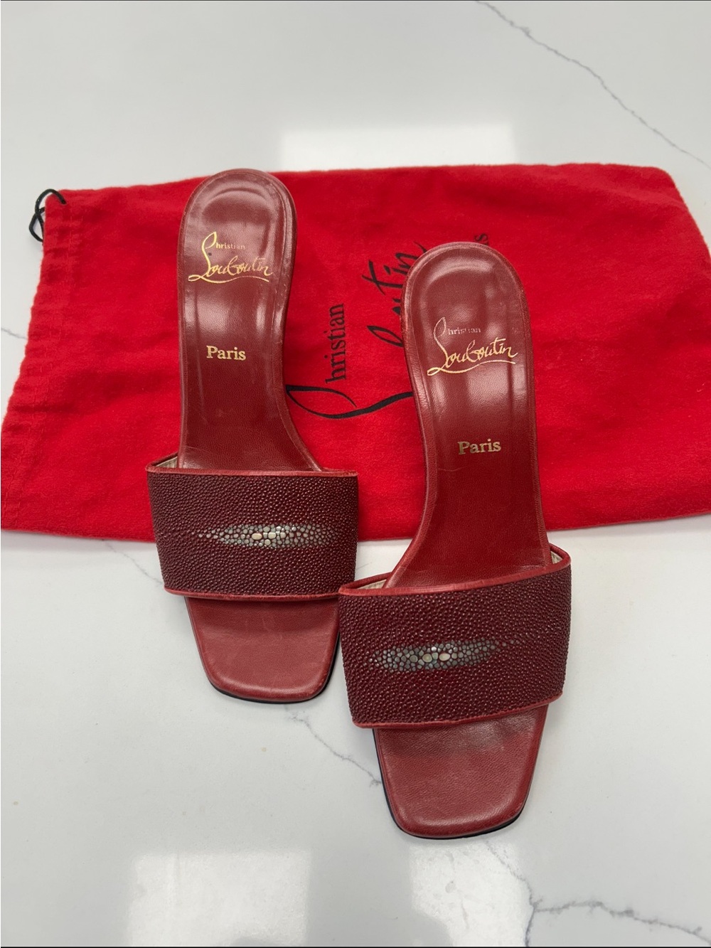 Christian Louboutin Red Textured Leather Slide Mules